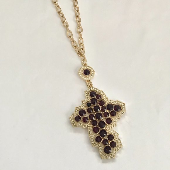 Vintage Style Cross Necklace Purple Crystals Simulated Amethyst Gold Plated 22" - Picture 8 of 14